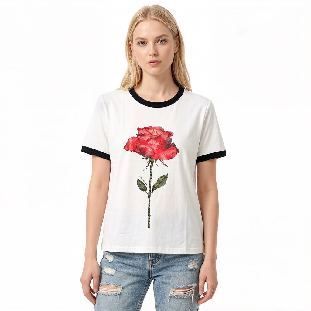 Cross-border trendy brand AC authentic style rose short sleeve t-shirt printed round neck contrast color loose fit