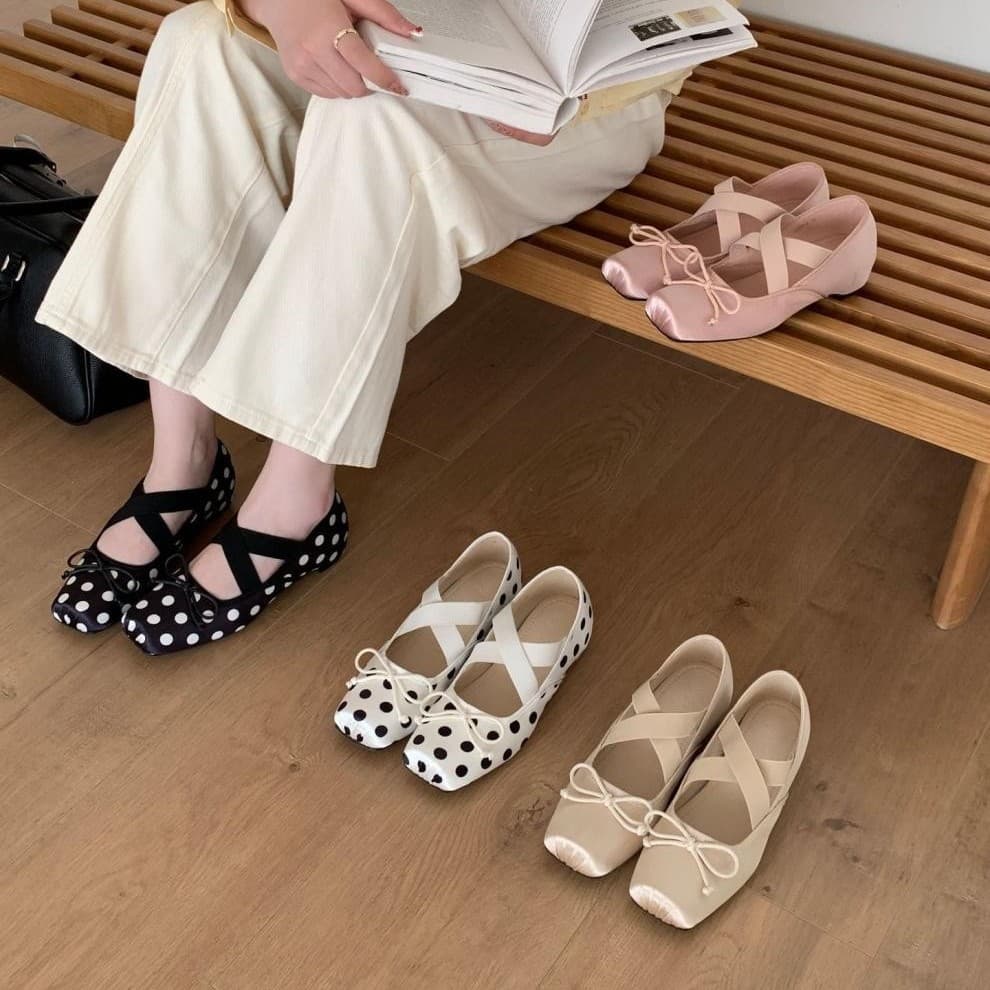 Polka Dot 2026 New French Retro Square-Toe Pig Nose Bowknot Hidden Heel Ballet Mary Jane Shoes for Women