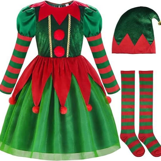 Kids Green Elf Costume Santa's Little Helper Children's Christmas Elf Dress Set for Girls
