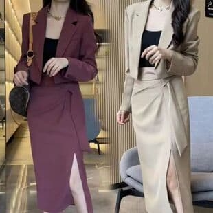 Women's 2026 New Spring High-End Two-Piece Set for Cross-Border Trade to Europe and America, Jacket with Side-Slit Skirt, Casual Two-Piece Outfit