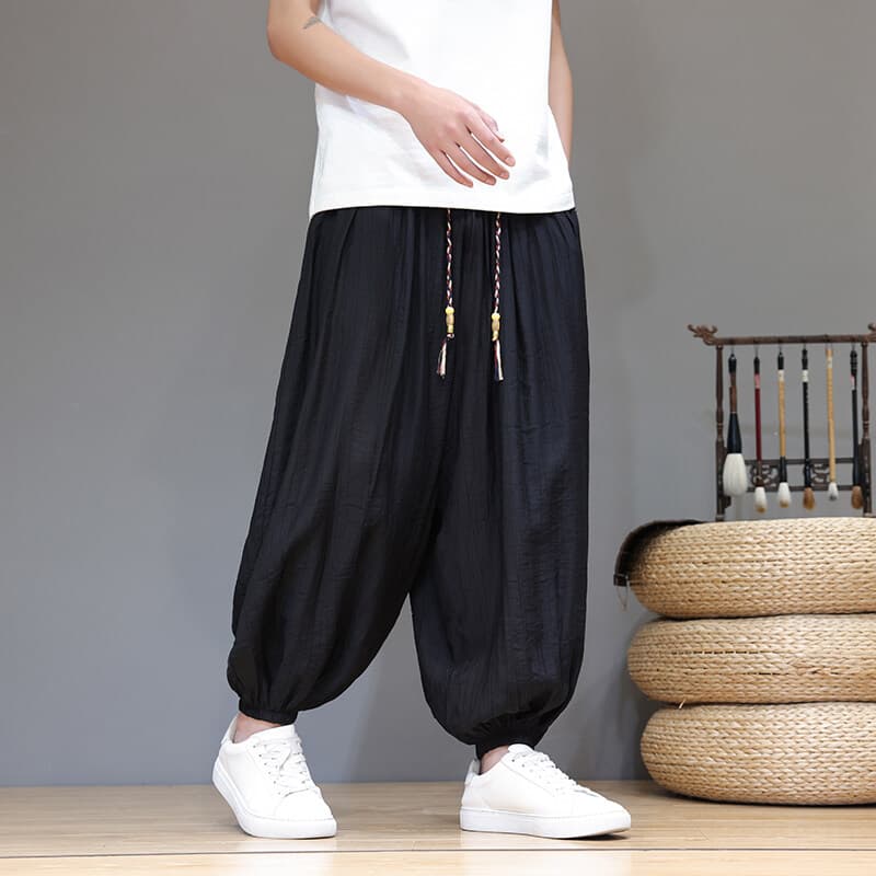 Men's Summer Lightweight Ice Silk Pants Loose Drawstring Joggers Chinese Style Plus Size Wide Leg Casual Harem Pants