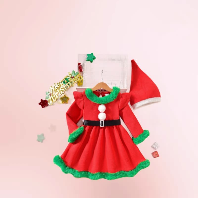 Girls Christmas Princess Dress Red Fur Splicing Long Sleeve Dress Autumn and Winter Children's Festival Costumes