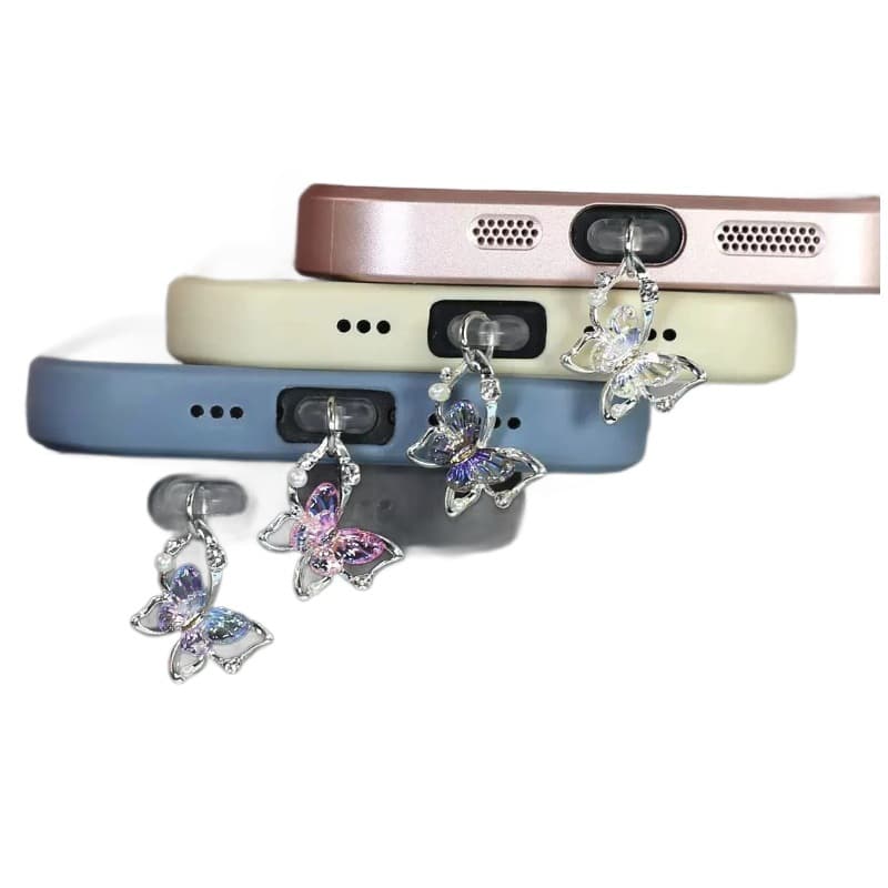 Cross-border laser rhinestone butterfly accessory, luxury fashion phone and earphone dust plug, Type-C charging port decoration