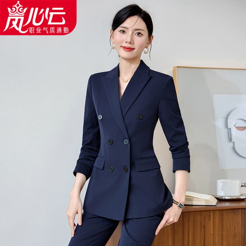 Navy blue women's suit jacket, autumn/winter 2025 new style, elegant double-breasted professional suit, work uniform, formal wear 6258