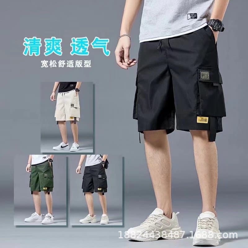 Men's cargo shorts, multi-pocket mid-length shorts, summer thin loose five-point pants, trendy brand, ins style, quick-drying beach shorts