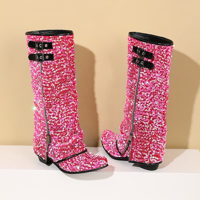 4043 Amazon Cross-Border Independent Site Autumn and Winter Women's Boots Sequined Zipper Color-Blocked Low-Heeled High Boots Cowboy Boots H339