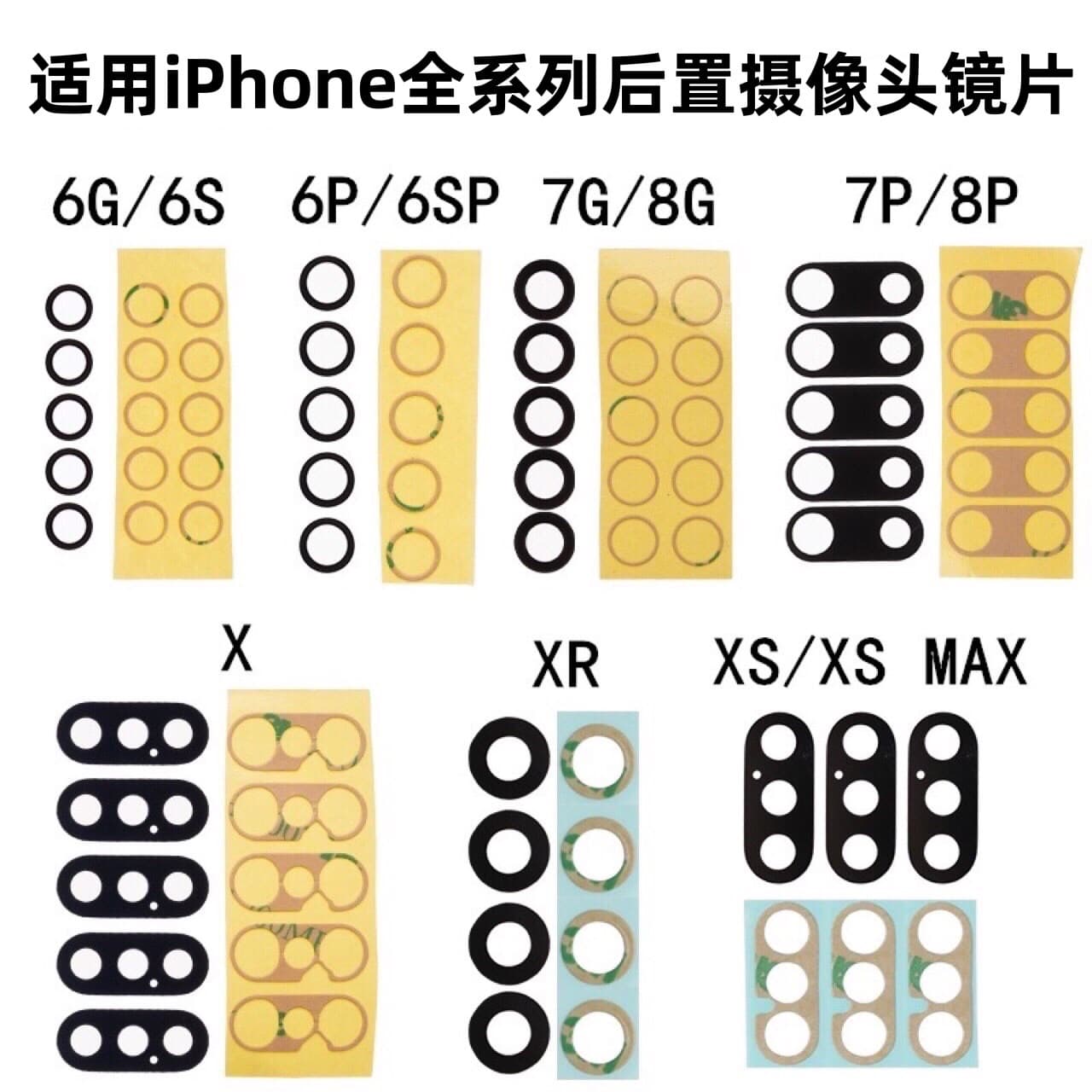 Compatible with rear lens glass of Apple 8, X, XR, 12, 12 Pro, 13, 14, 15 Pro Max cameras.