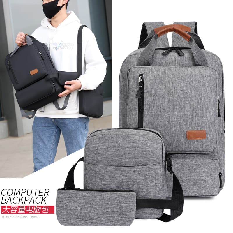 New Cross-Border Fashion Backpack for Men Student Schoolbag Travel Bag Casual Laptop Three-Piece Set Business Computer Bag