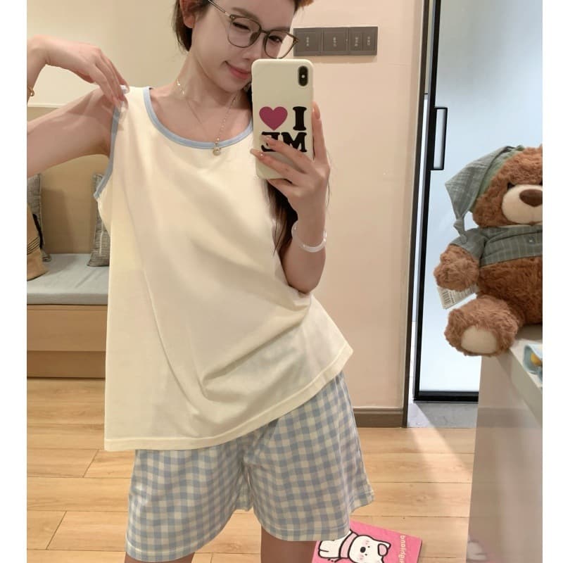 Simple blue plaid print summer pajamas for women cloud cotton vest shorts suspenders sleeveless home wear set