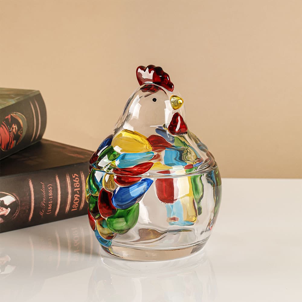 Luxury Hand-painted Colorful Rooster Lidded Candy Jar, Household Crystal Glass Storage Canister, Desktop Jewelry Box