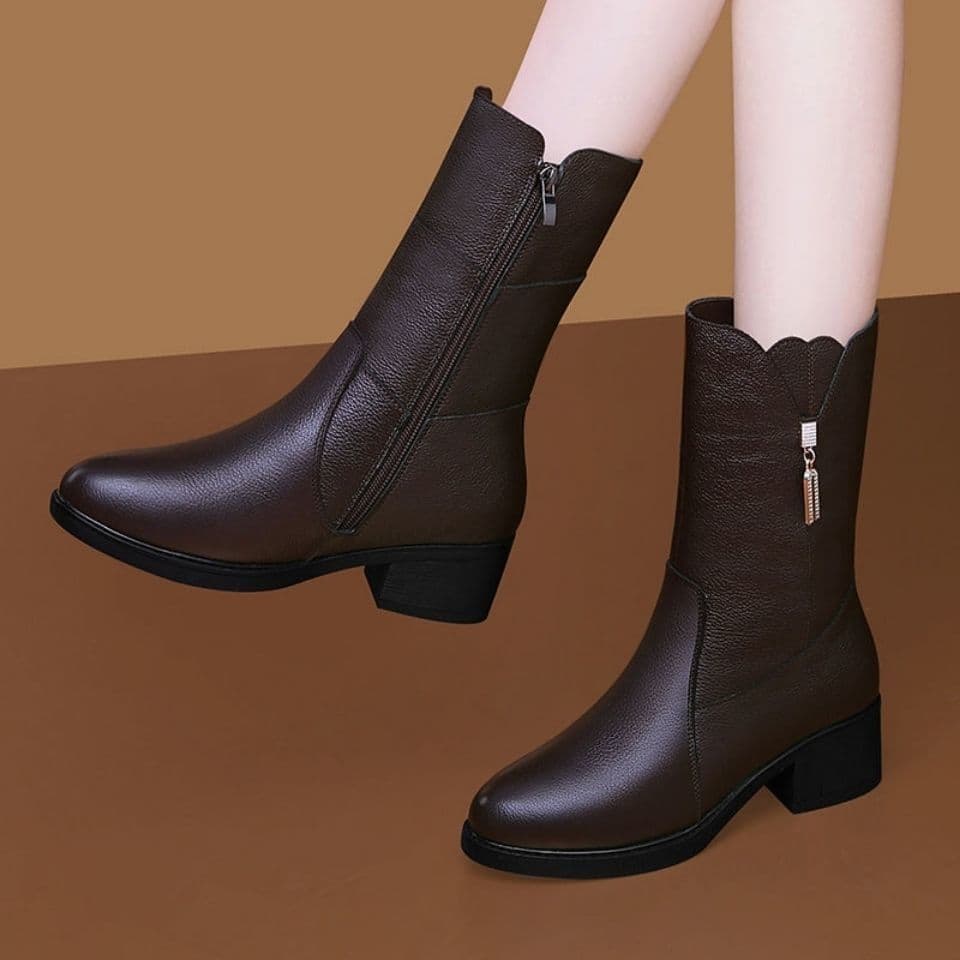 New Autumn/Winter Warm Lined Martin Boots Mid Heel Chunky Heel Women's Cotton Boots Snow Boots Genuine Soft Leather Mid-Calf Boots for Women
