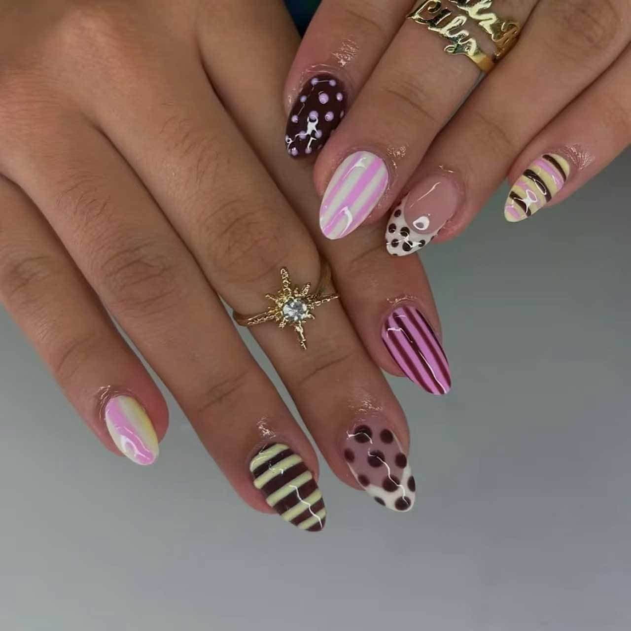X-0848 cross-border polka dot zebra stripe wearable nails oval nail art nail pieces short fake nail pieces wholesale
