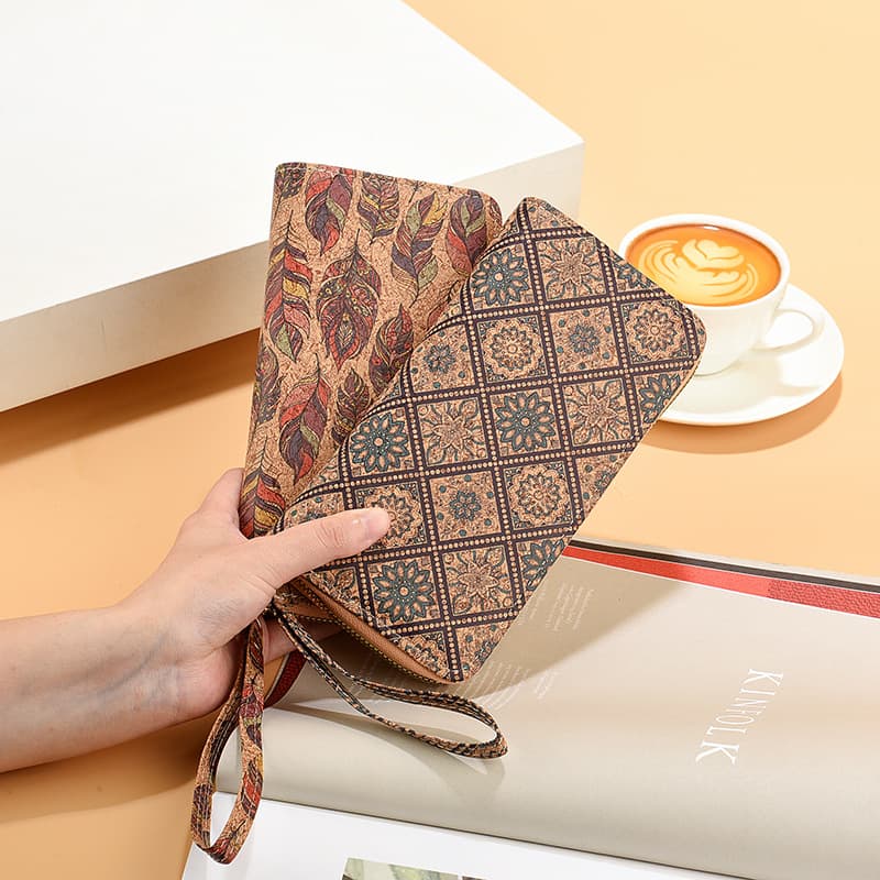 New Cross-Border Long Zipper Clutch PU Leather Phone Bag Vintage Cork Print Wallet Women's Wallet Trendy