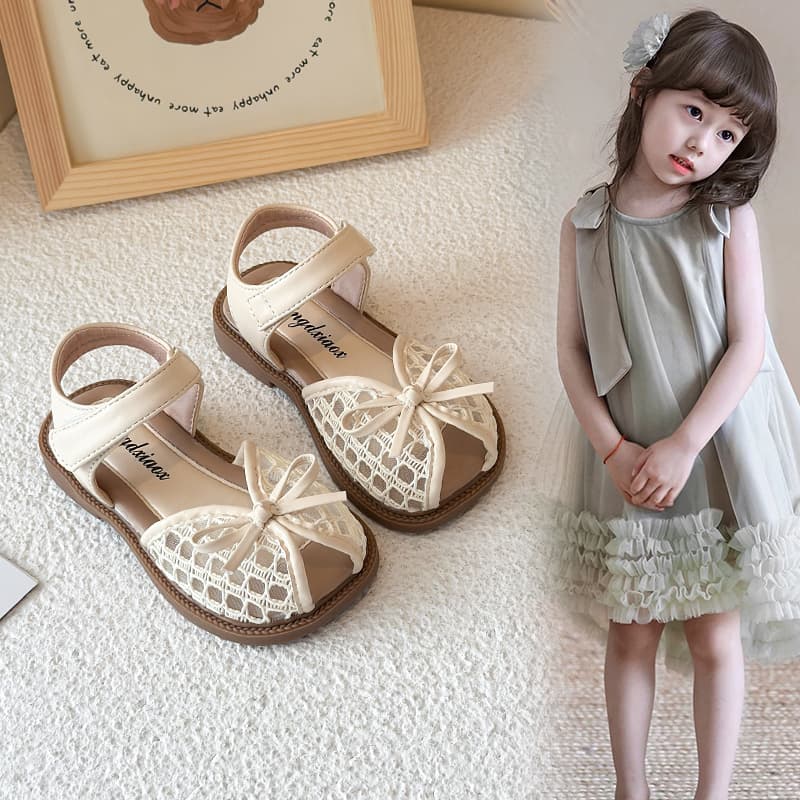 Girls Sandals 2026 Summer New Korean Style Bow Toe Soft Sole Shoes Little Girls Knitted Sweet Princess Shoes