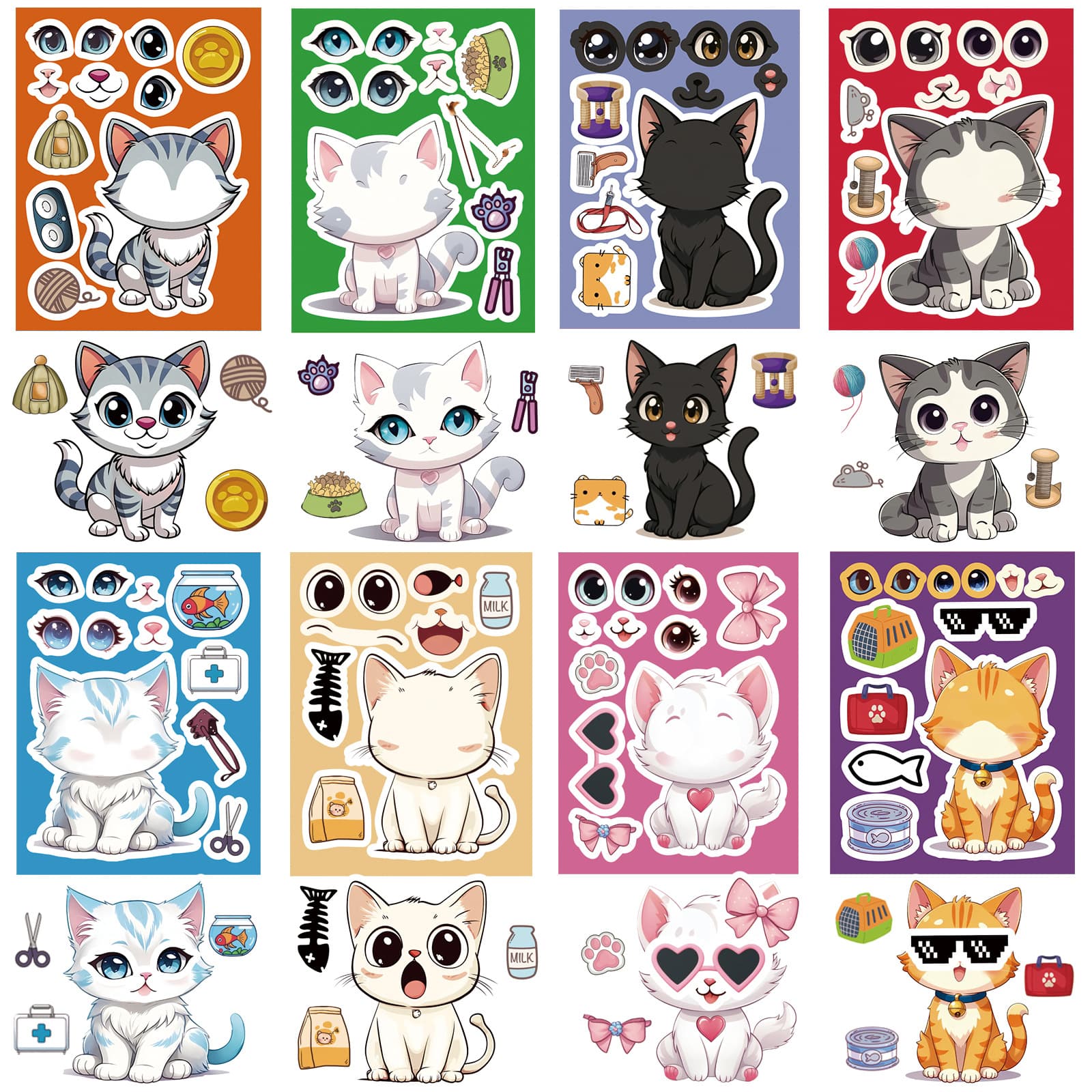 8 Cute Cartoon Cat Collage Stickers for Children, Educational DIY Water Bottle Decorations, Waterproof Cross-border Stickers
