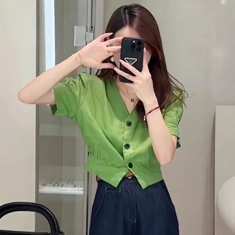 132 Lyocell Linen Short Sleeve New Trendy Summer Light Luxury High-End Tie Front Cropped Top - No Returns or Exchanges