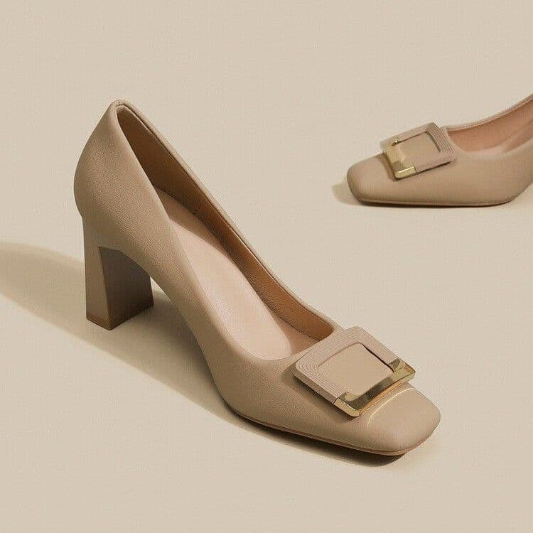 Comfortable Square Buckle Chunky Heel Women's Shoes Not Tiring Spring Autumn Versatile Low Cut Match Skirts Single Shoes
