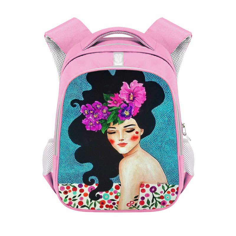 2023 Cross-border long hair cartoon printed student backpack with reflective strips pink female polyester backpack breathable school bag