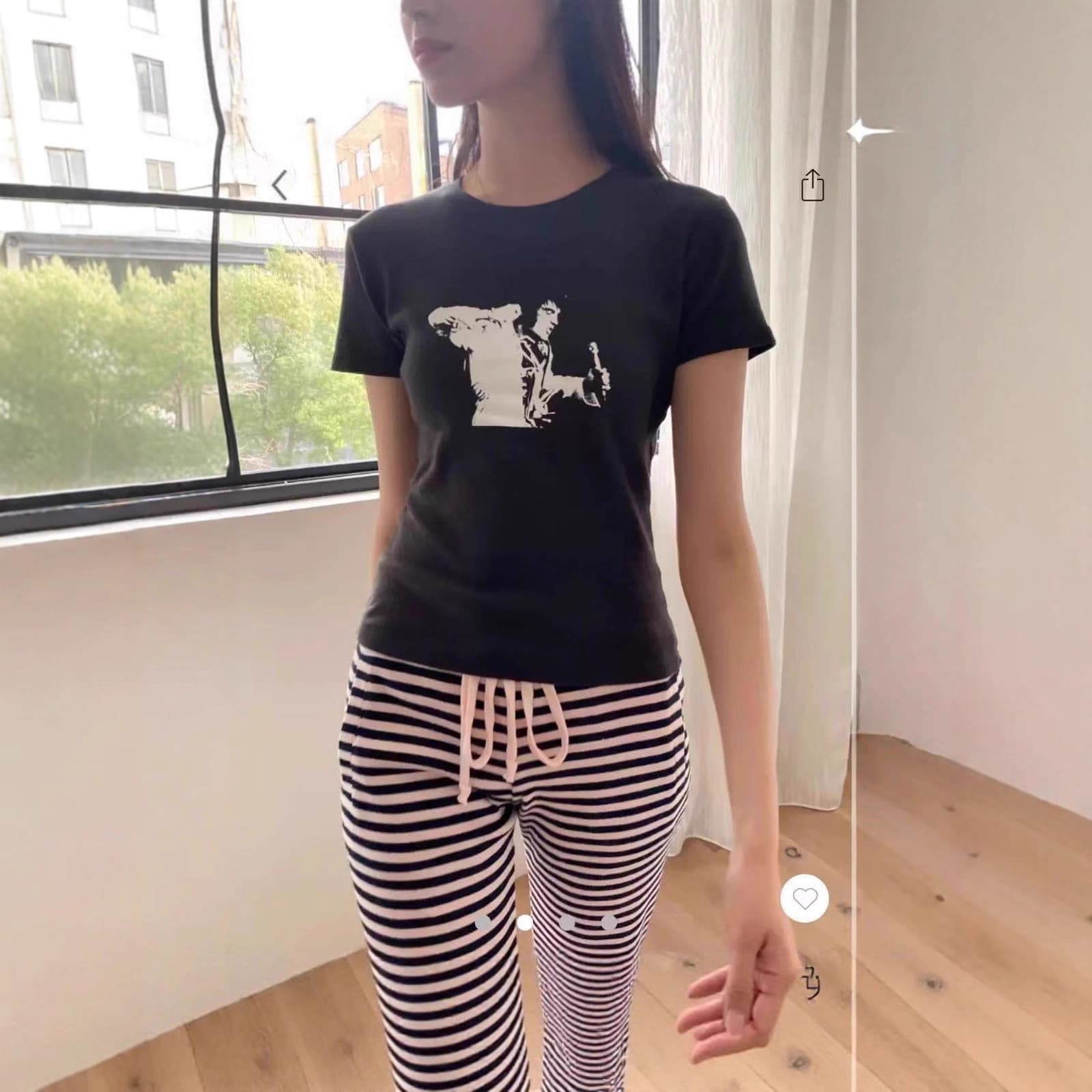 BM Style Rock Singer Black Elvis Presley Printed Shoulder Round Neck Short Sleeve T-Shirt Women's Slim Fit Hot Girl Top Summer