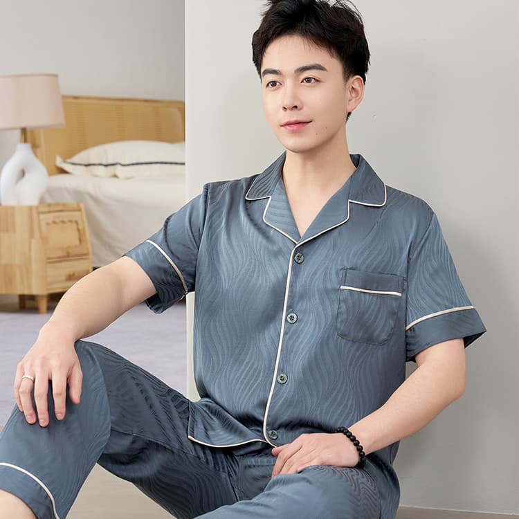 Ice silk pajamas for men, spring and autumn light luxury suits, summer silk thin high-end jacquard home clothes that can be worn outside