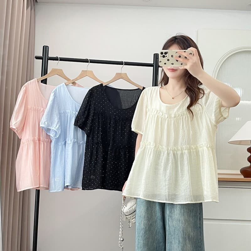 2025 Summer Plus Size Women's Chiffon Blouse Short Sleeve Rhinestone Babydoll Top Fashionable Plus Size Pleated Short Sleeve Top 7889