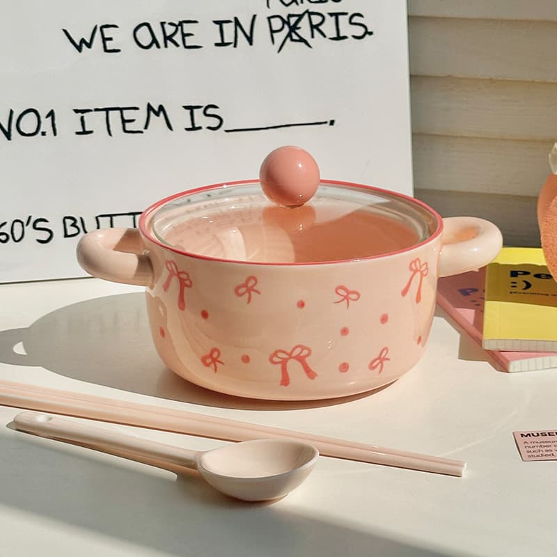Good-Looking and Cute Bow-Knot Instant Noodle Bowl with Covered Spoon, Student Dormitory Rice Bowl, Large-Capacity Double-Eared Snail Noodle Bowl