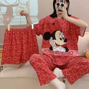 Women's Pajamas: Spring/Autumn Short Sleeve, Long Pants, and Shorts Three-Piece Set, Student Plus Size Cute Cartoon Set, Summer Loungewear