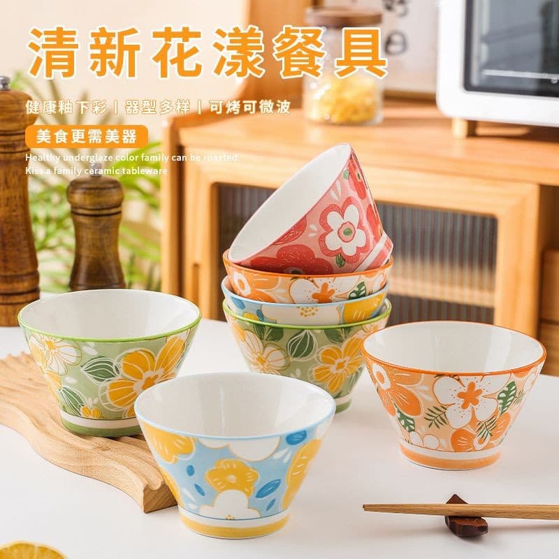 Japanese tableware fresh floral series bowl and plate wholesale, household set including conical bowls, rice bowls, and double-ear bowls