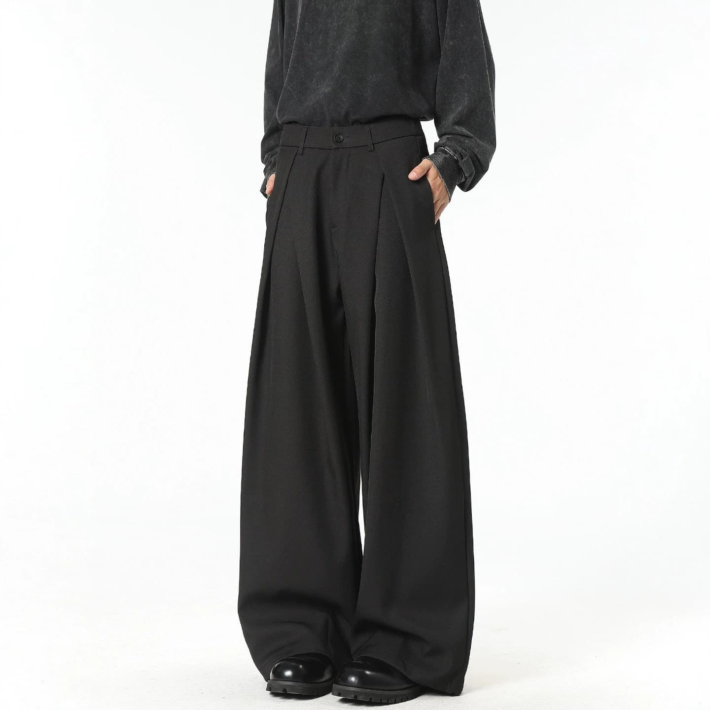 American Retro Pleated Wide-Leg Pants for Men, A-Line Casual Trousers with Premium Loose Draping Floor-Length Design