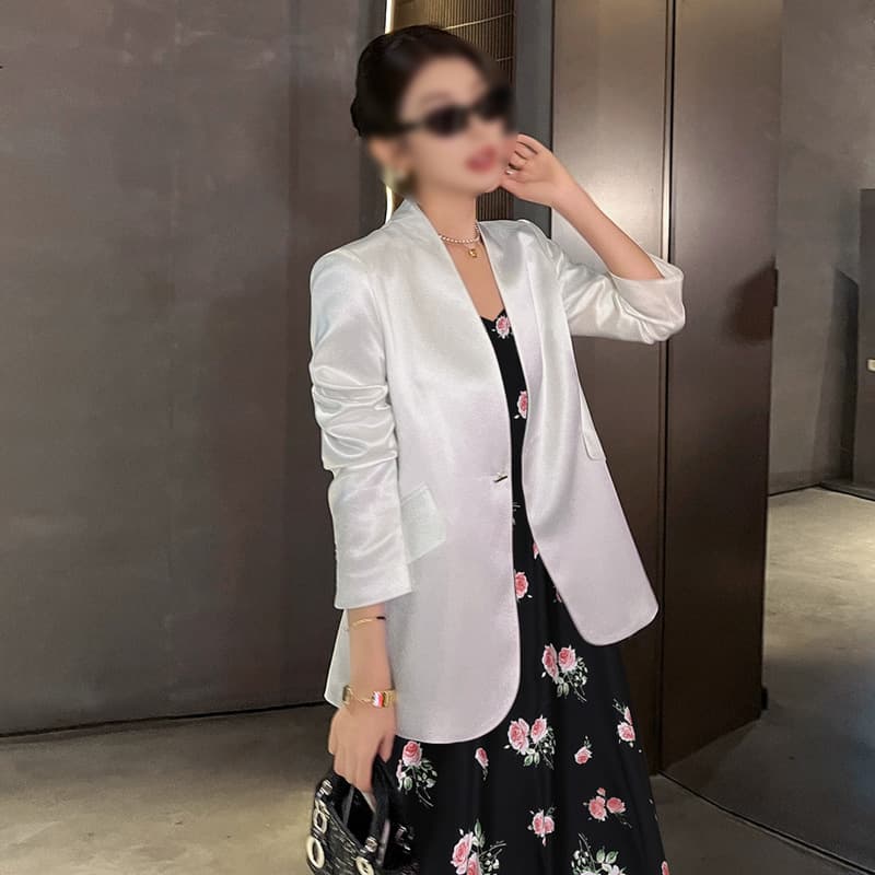 XZ178B Plus Size Women's Thin Blazer and Camisole Dress Set, Long Sleeve Satin Sun Protection Jacket for Curvy Women