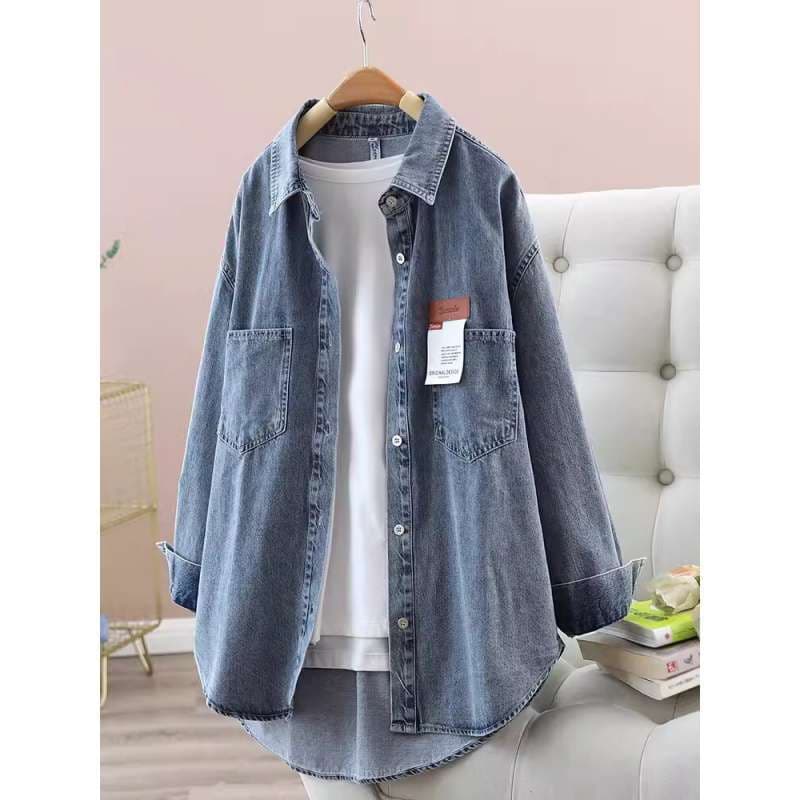Mid-length denim shirt 2024 spring new loose single-breasted denim jacket casual loose long-sleeved shirt