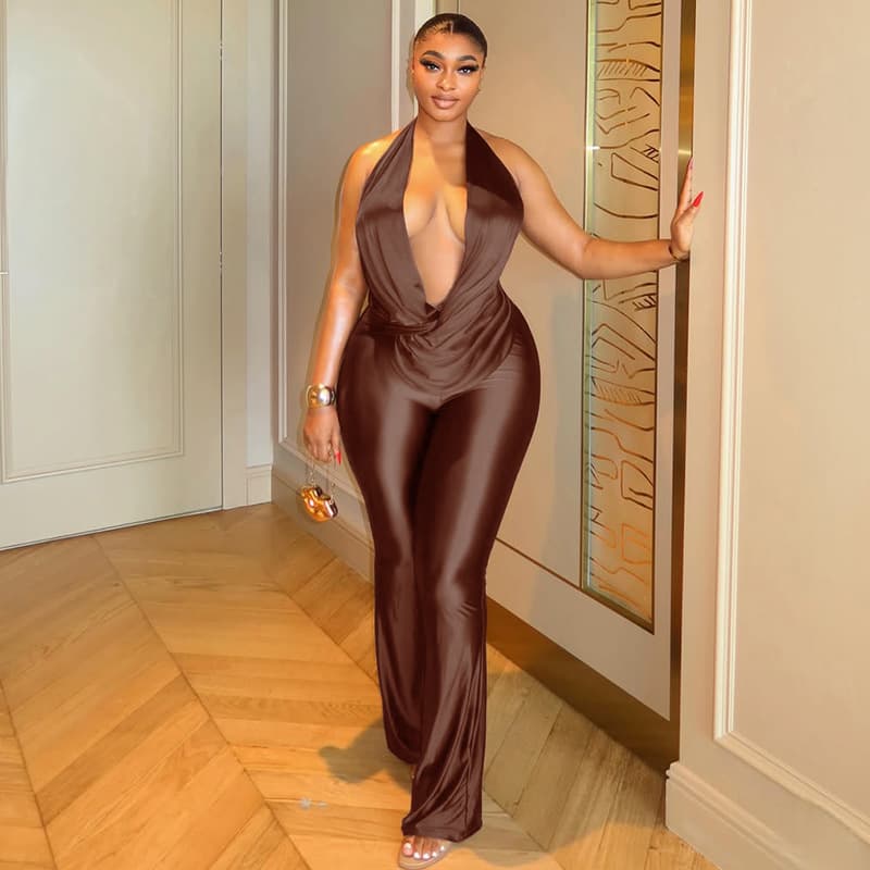 European and American Style Cross-border Fitted Women's Loose Halter Flared Jumpsuit with Pleated Draped Neckline Solid Color Long Romper