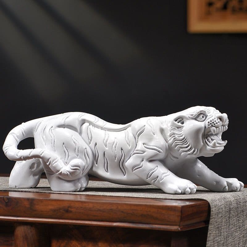White Tiger Solid Wood Mythical Beast White Tiger Wood Carving Ornament Chinese Zodiac Uphill Tiger Pure Wood Handicraft Home Corner Filler