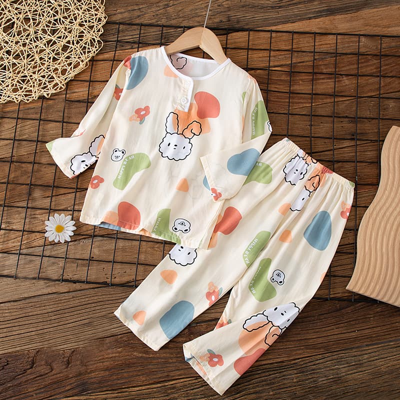 Summer children's cotton silk long-sleeved pajamas Category A cartoon boys and girls baby middle and large children cotton silk home clothes set thin