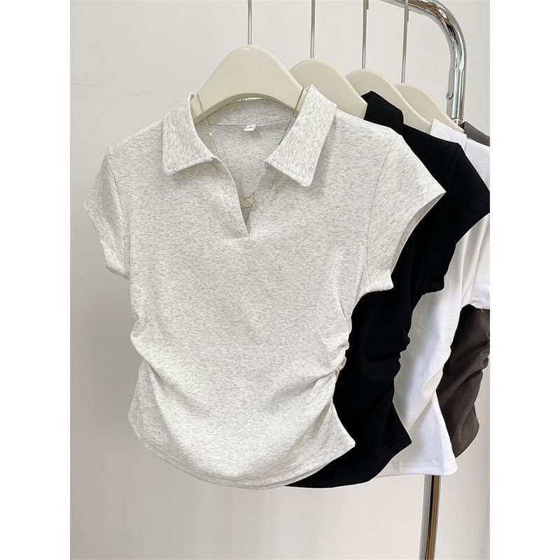 Summer Pure Cotton Slim Fit Right Shoulder T-Shirt Women's Short-Sleeved Design Asymmetrical Pleated Short Polo Shirt Top