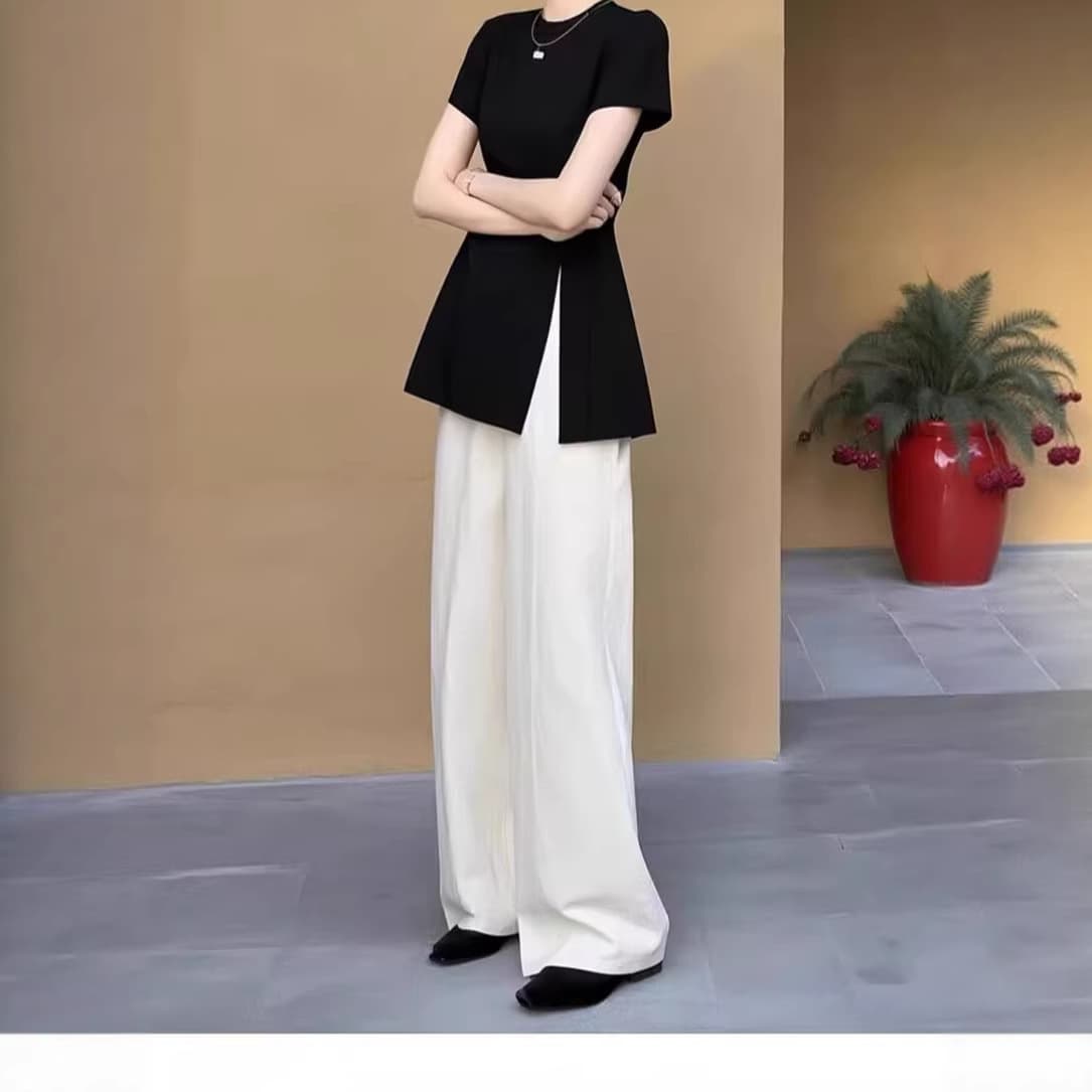 Trendy Summer Plus Size Mature Style Split Short Sleeve Top for Women, Versatile Slim Fit Blouse 25108