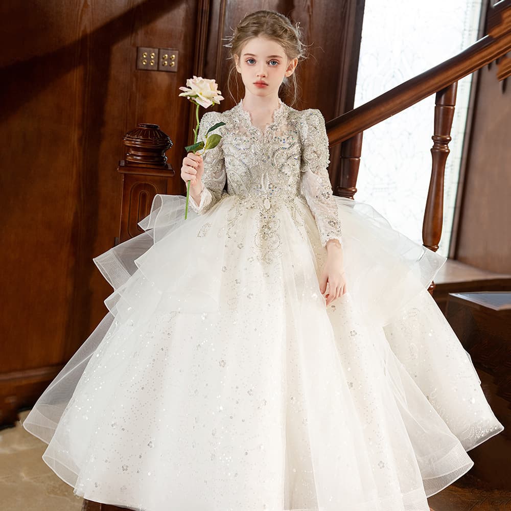 Kids Birthday Host Dress Girls White Tulle Princess Dress Flower Girl Wedding Light Luxury Little Girl Piano Performance Costume