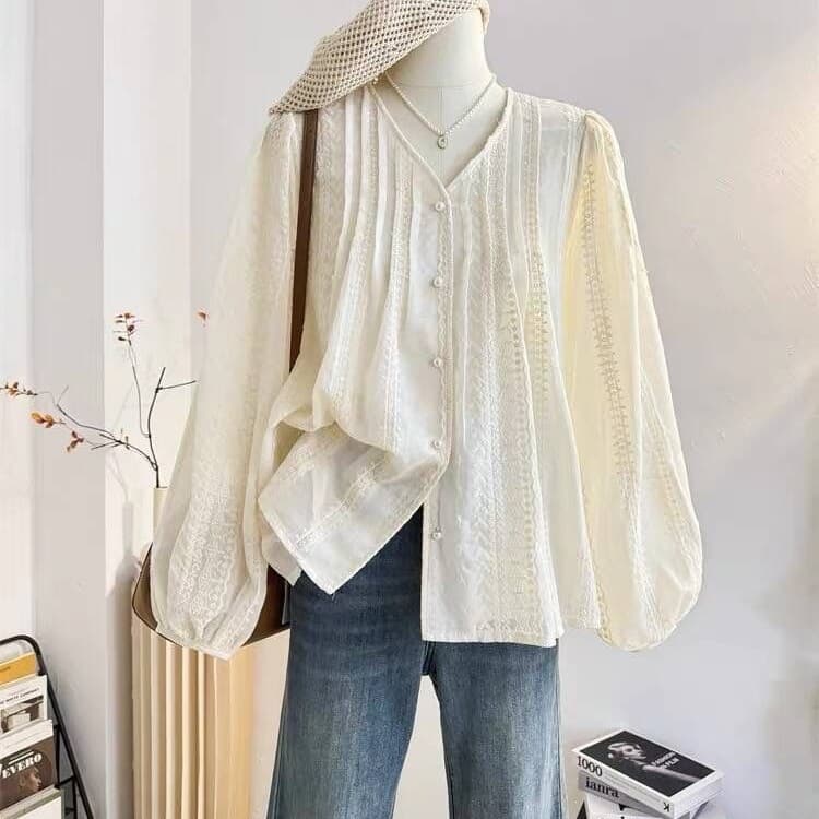 French-Style V-Neck Lantern Sleeve Shirt for Women, Spring 2026, Unique Design, Loose-Fitting Korean-Style Embroidered Doll Shirt Top