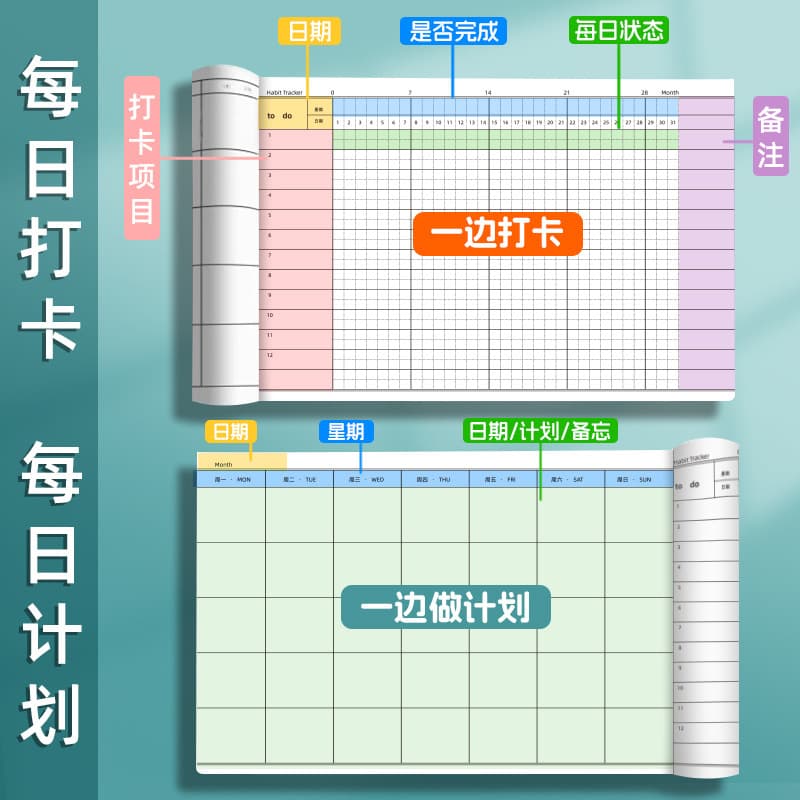 Check-in Learning Mind Map Self-Discipline Punch Card Book 30-Day Task Plan Notebook Planner Cute In Stock