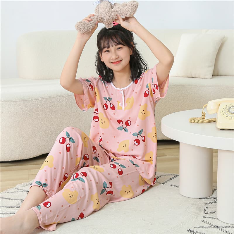 Summer Teen Pajama Set Cotton Silk Loungewear Loose Thin Long Sleeve for Boys Girls Students