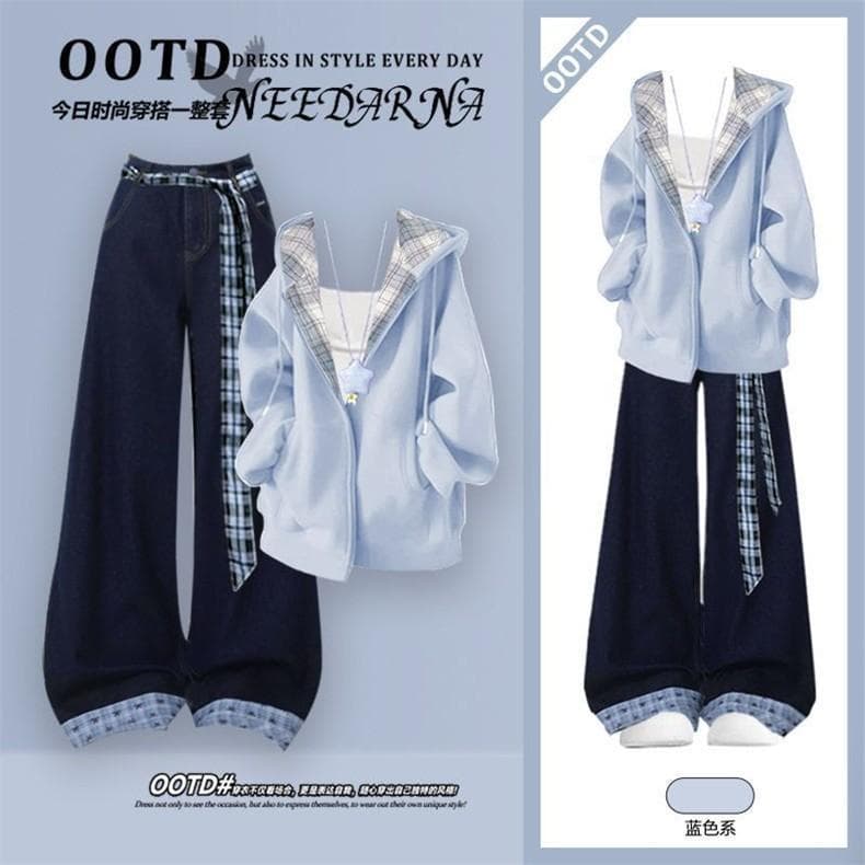 2026 Spring/Fall College Style Set Korean Plaid Patchwork Hooded Jacket Casual Wide-Leg Pants Two-Piece Trendy