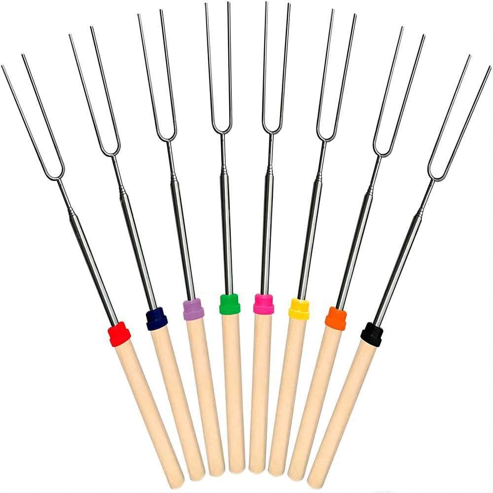 Amazon Outdoor BBQ Cross-border Stainless Steel Telescopic BBQ Fork Hot Dog Fork Telescopic U-shaped Wooden Handle Roasting Fork