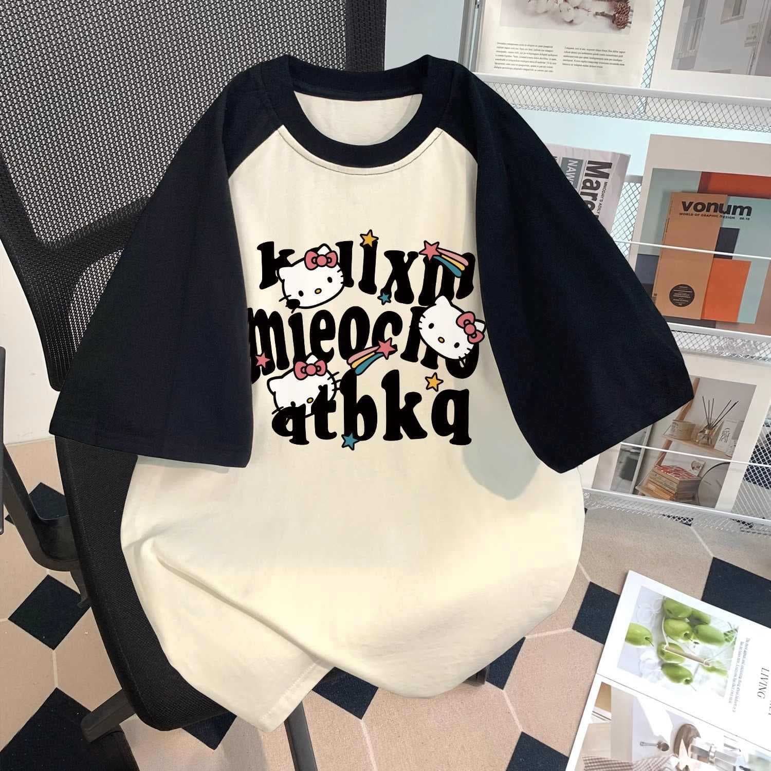 Trendy Raglan Short-Sleeve T-Shirt Summer 2025 New Cartoon Hello Kitty Loose Top for Big and Middle Kids