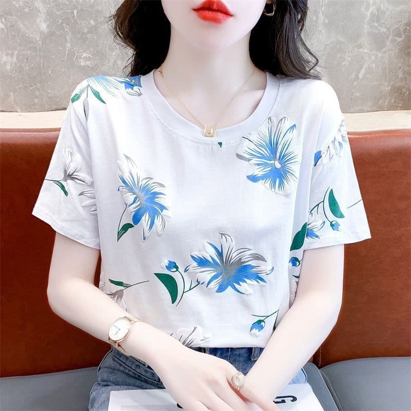 New White T-Shirt Women's Short Sleeve Round Neck Loose Tee Base Layer Versatile Mom Top Ins Trendy
