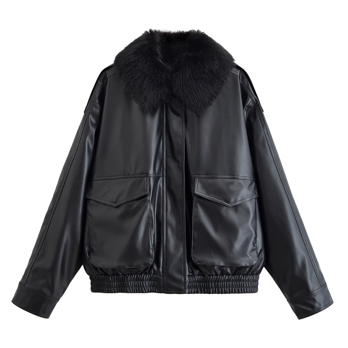 PB&ZA Women's 2025 Autumn New Fashion Trendy Motorcycle Style Workwear Fur Collar Leather Jacket 4341781
