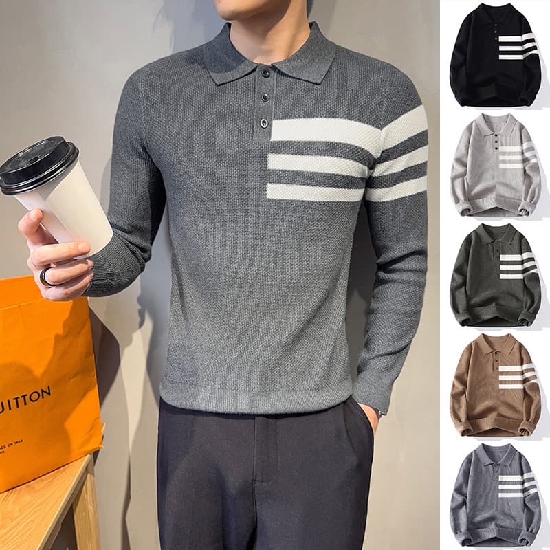 Polo Shirt Striped Knit Sweater Men Business Autumn Winter Cashmere Sweater Foreign Trade Cross-border Wholesale Old Money Style Men's Clothing