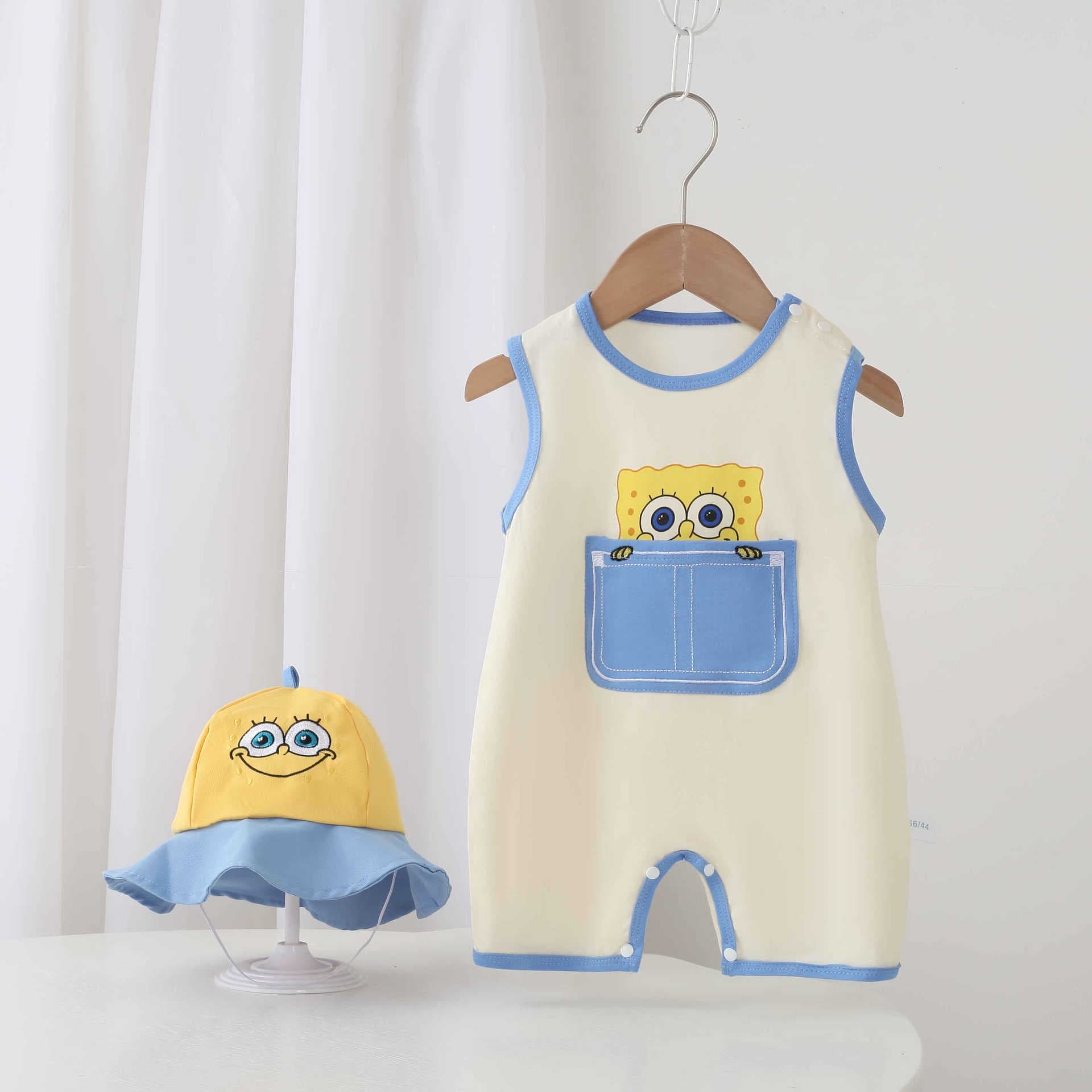 Infant Summer New Piping Collar SpongeBob Summer Romper Cartoon Super Cute Short Sleeve Outing Outfit