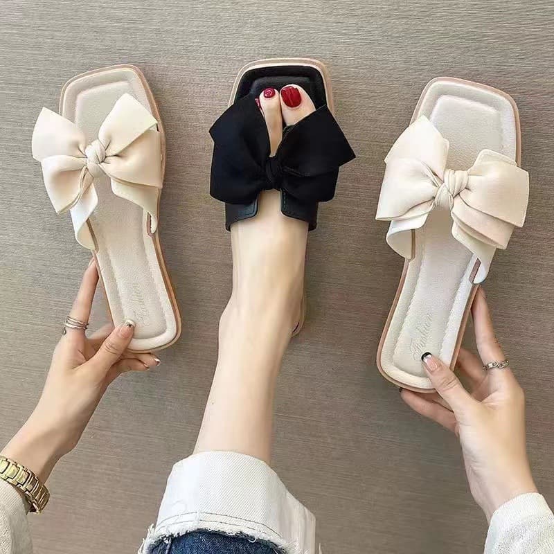 Women's Summer Flat Sandals with Bow, Fashionable Outdoor Slippers, Internet Famous INS Versatile Lazy Beach Sandals