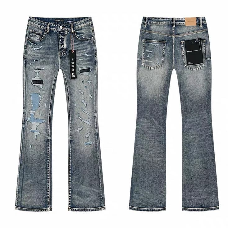 PURPLE-BRAND Niche High Street Patchwork Ripped High-Stretch Slim Fit Flared Jeans for Spring and Autumn