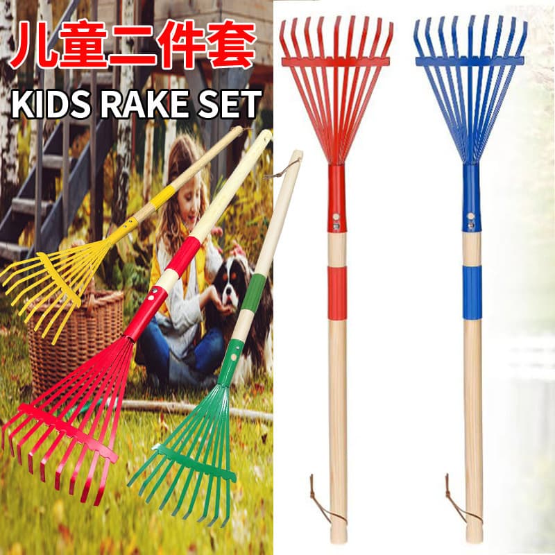 Garden Rake, Agricultural Leaf Rake, Wooden Handle, Nine-Tine Rake for Children's Performance, Household Gardening Tool